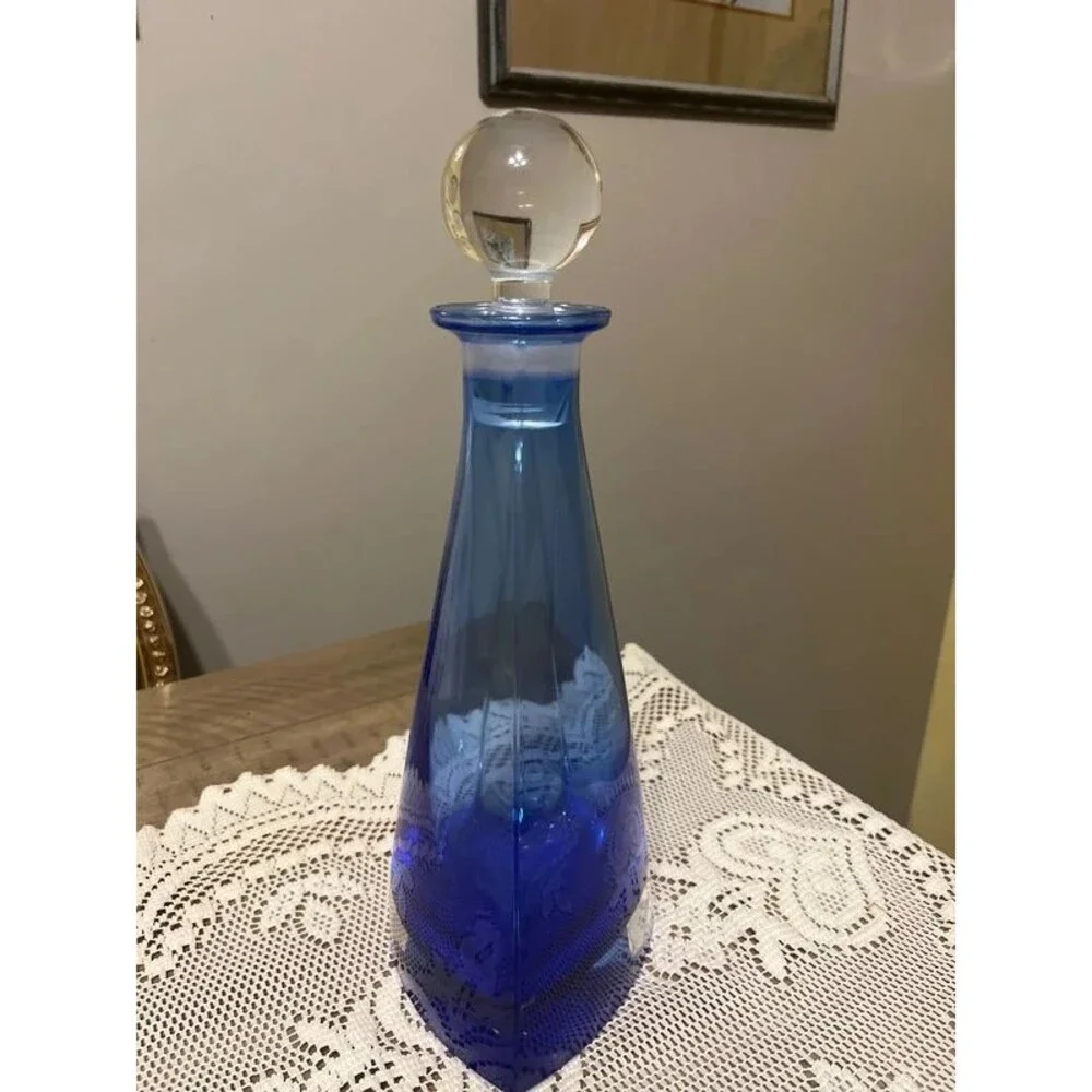 Blue Italian Crystal Glass Decanter with Ball Stopper